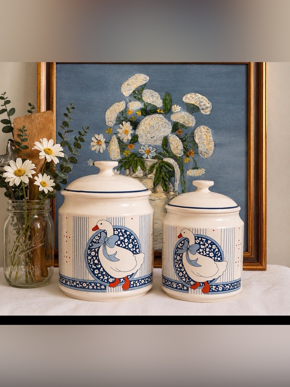 Set of 2 Ceramic Goose Canisters in Cream and Blue